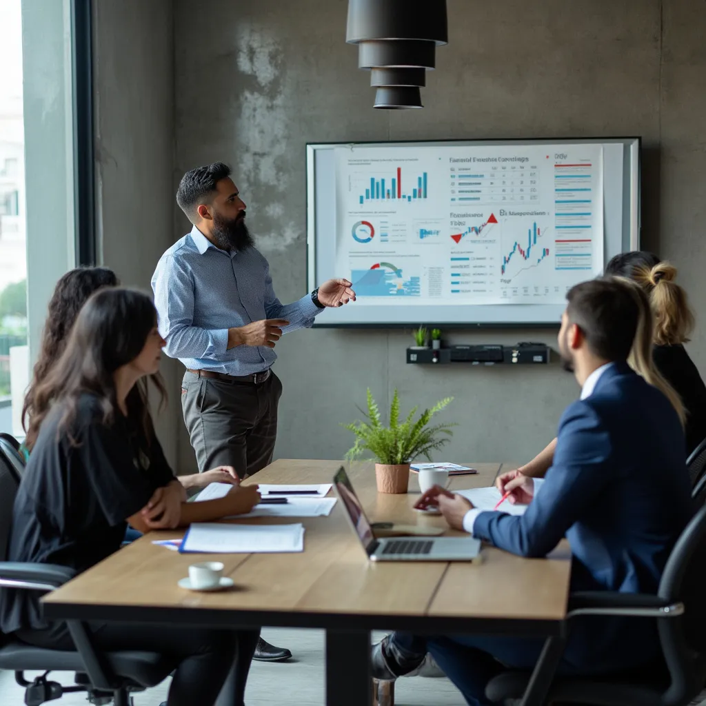 Consultor financiero presentando análisis y estrategias a clientes