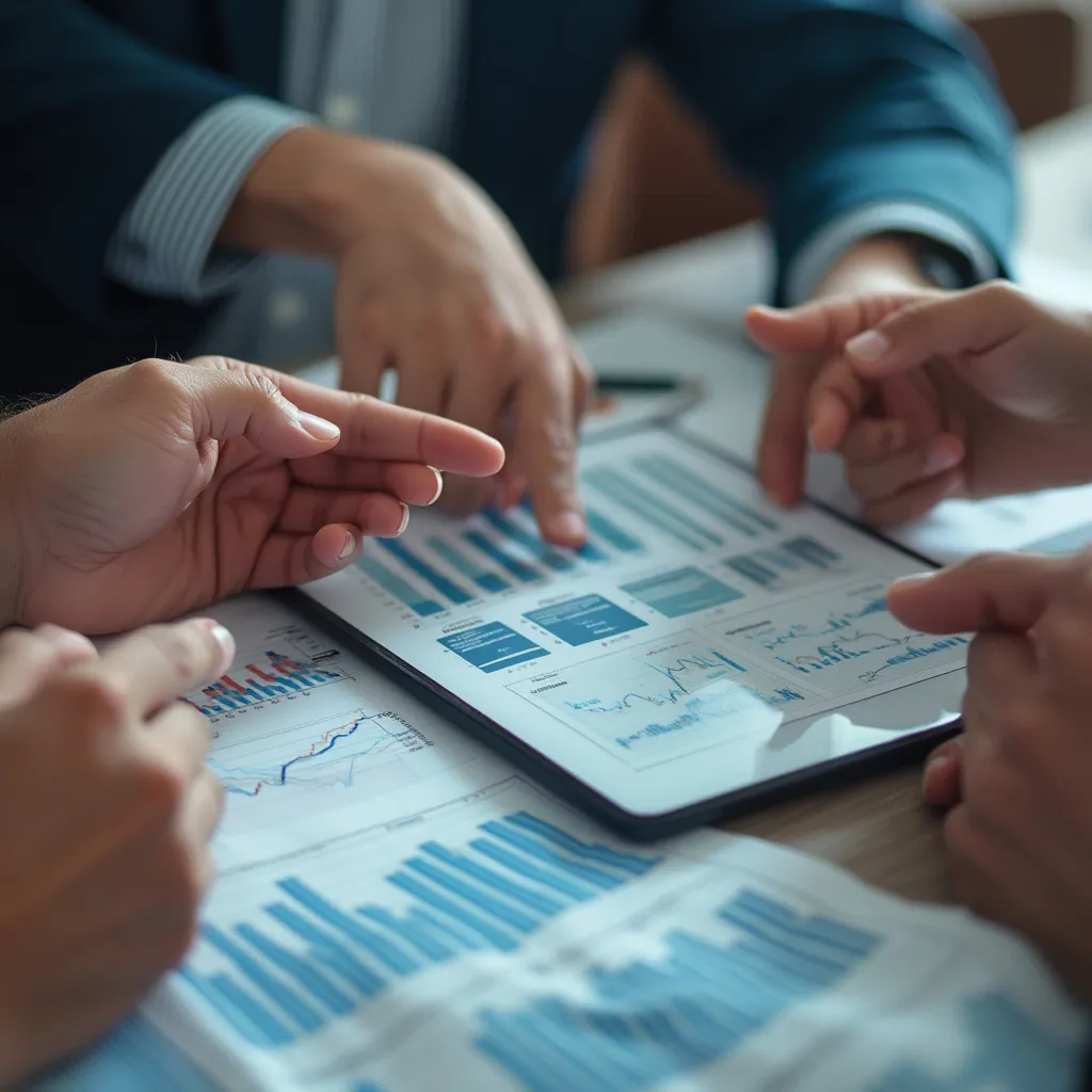 Detalle de manos colaborando sobre documentos financieros y tableta digital