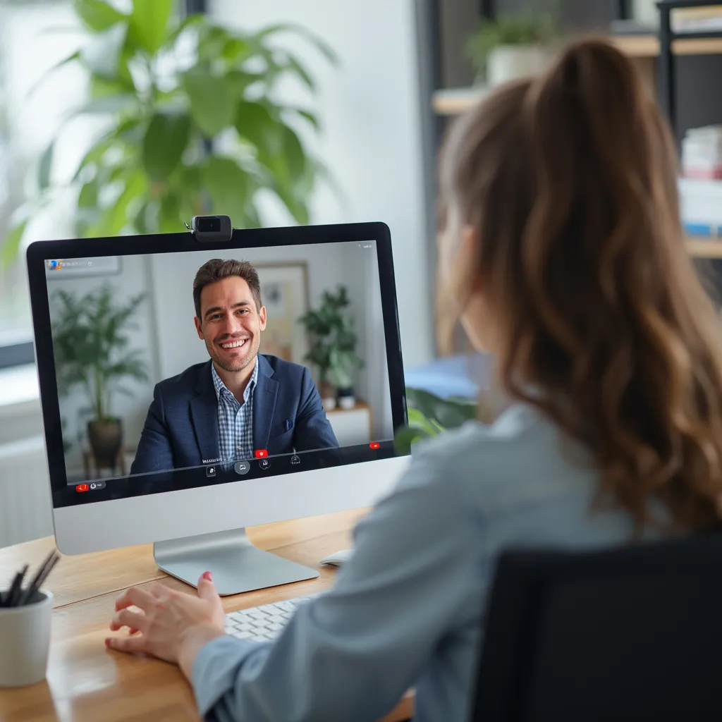 Consultor sonriente atendiendo una videollamada con un cliente
